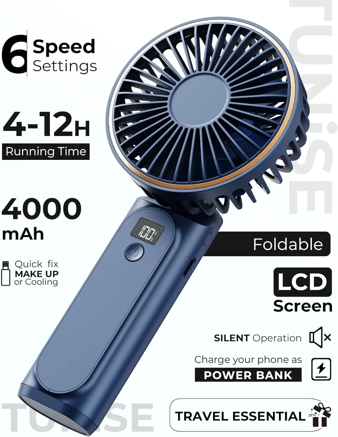 Portable Handheld Fan, 4000mAh, 180 Adjustable, 6 Speed Wind, USB Rechargeable Foldable Fan with Real-Time Electricity Display