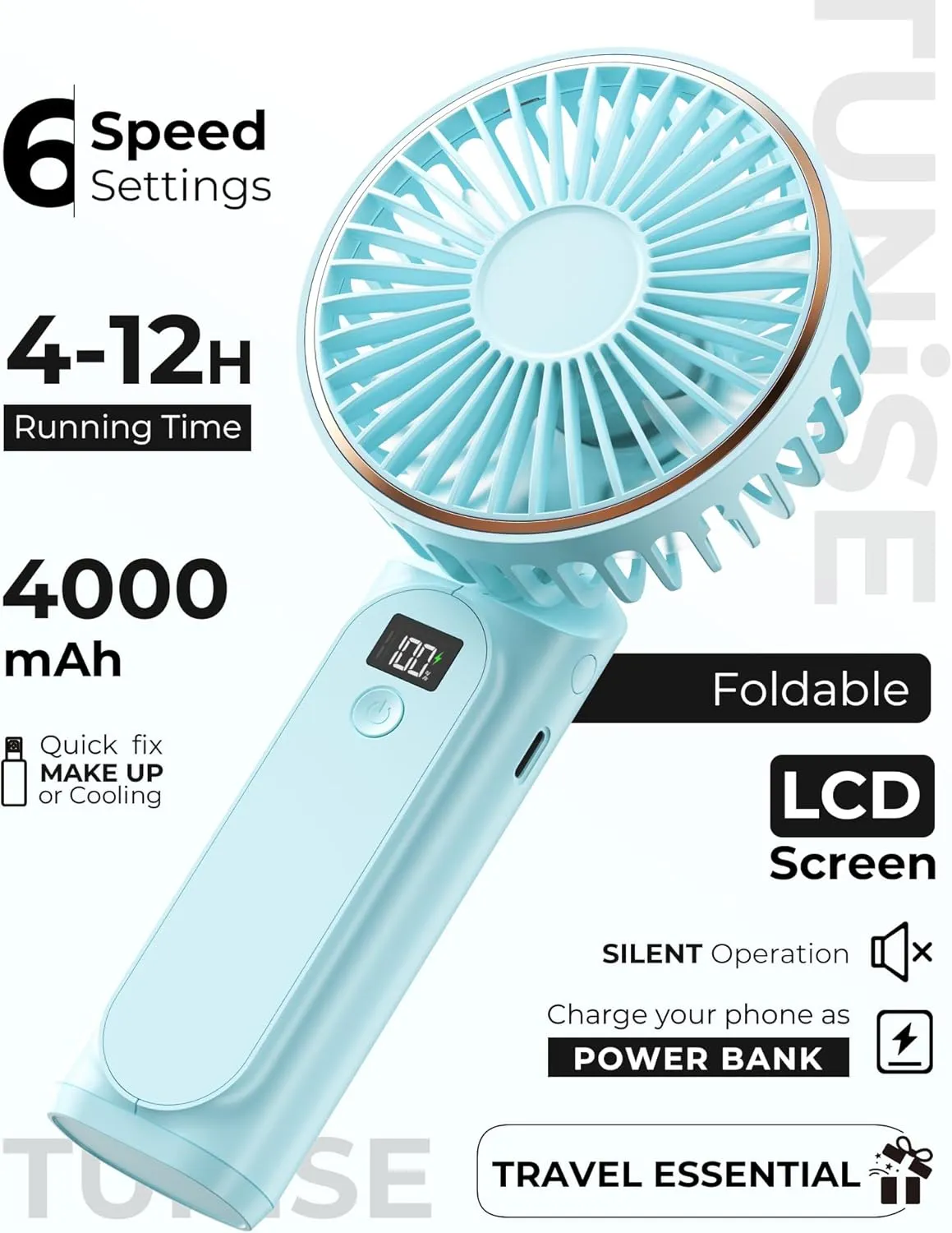 Portable Handheld Fan, 4000mAh, 180 Adjustable, 6 Speed Wind, USB Rechargeable Foldable Fan with Real-Time Electricity Display