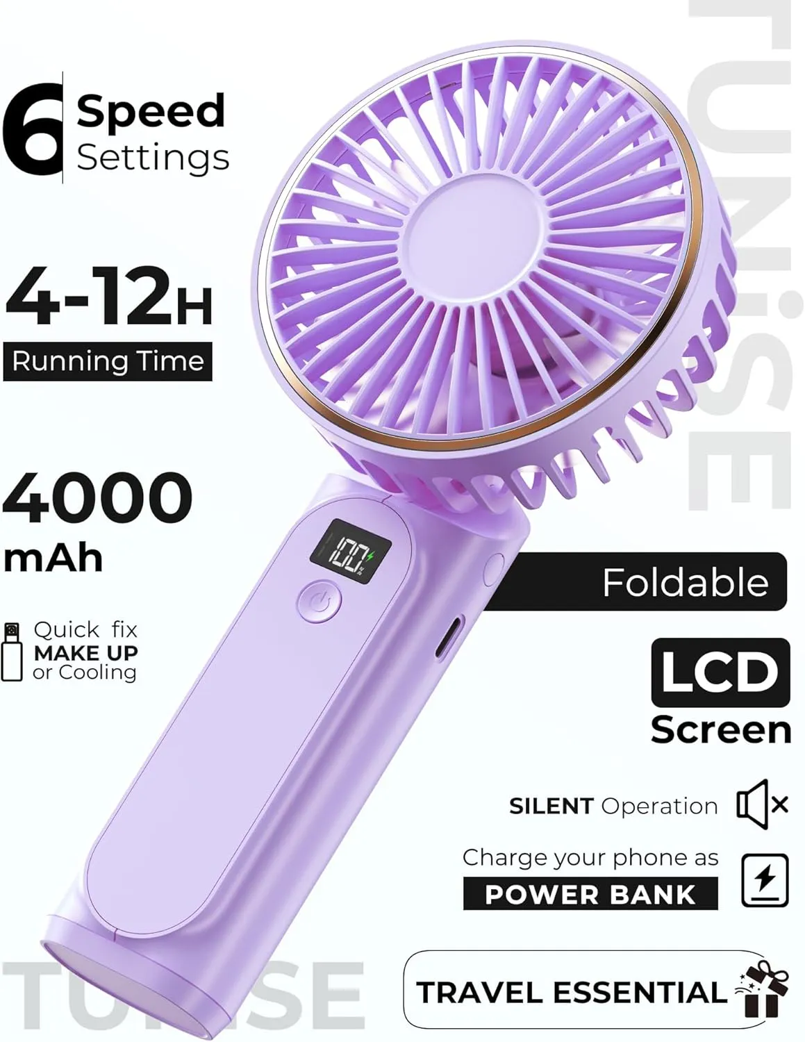 Portable Handheld Fan, 4000mAh, 180 Adjustable, 6 Speed Wind, USB Rechargeable Foldable Fan with Real-Time Electricity Display
