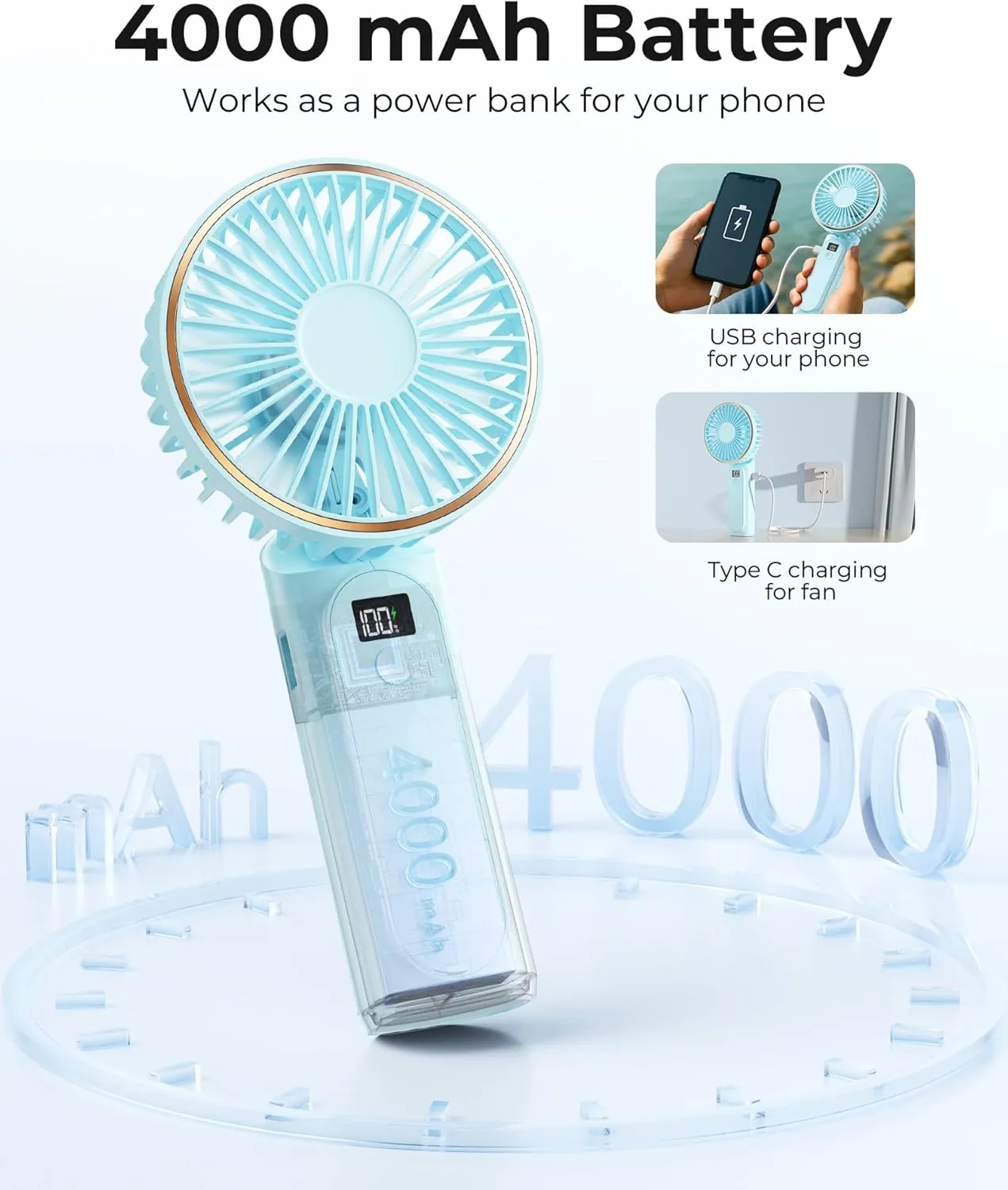 Portable Handheld Fan, 4000mAh, 180 Adjustable, 6 Speed Wind, USB Rechargeable Foldable Fan with Real-Time Electricity Display