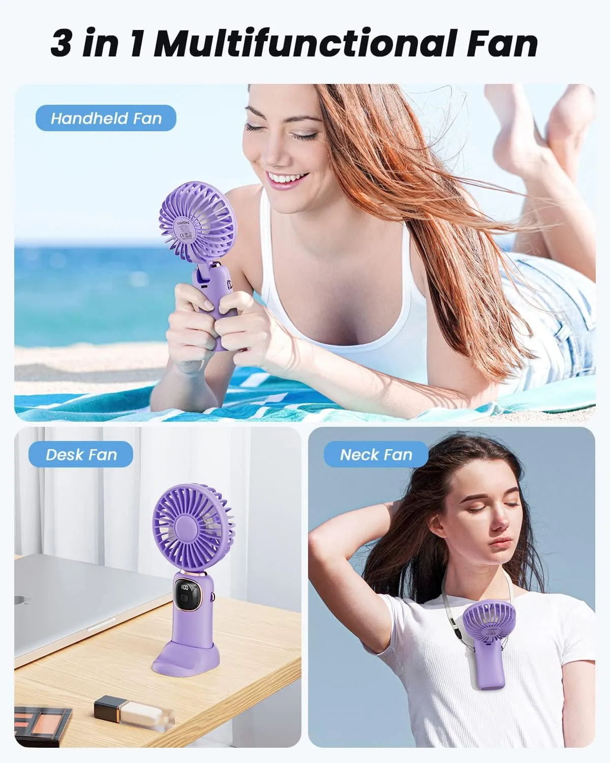 Portable Handheld Fan, 4000mAh Battery Operated 3 in 1 Multifunction Personal Travel Fans with Digital Display, 90 Foldable Desk Fan with Base, 5 Speed Lash Fan for Makeup/Commute/Office