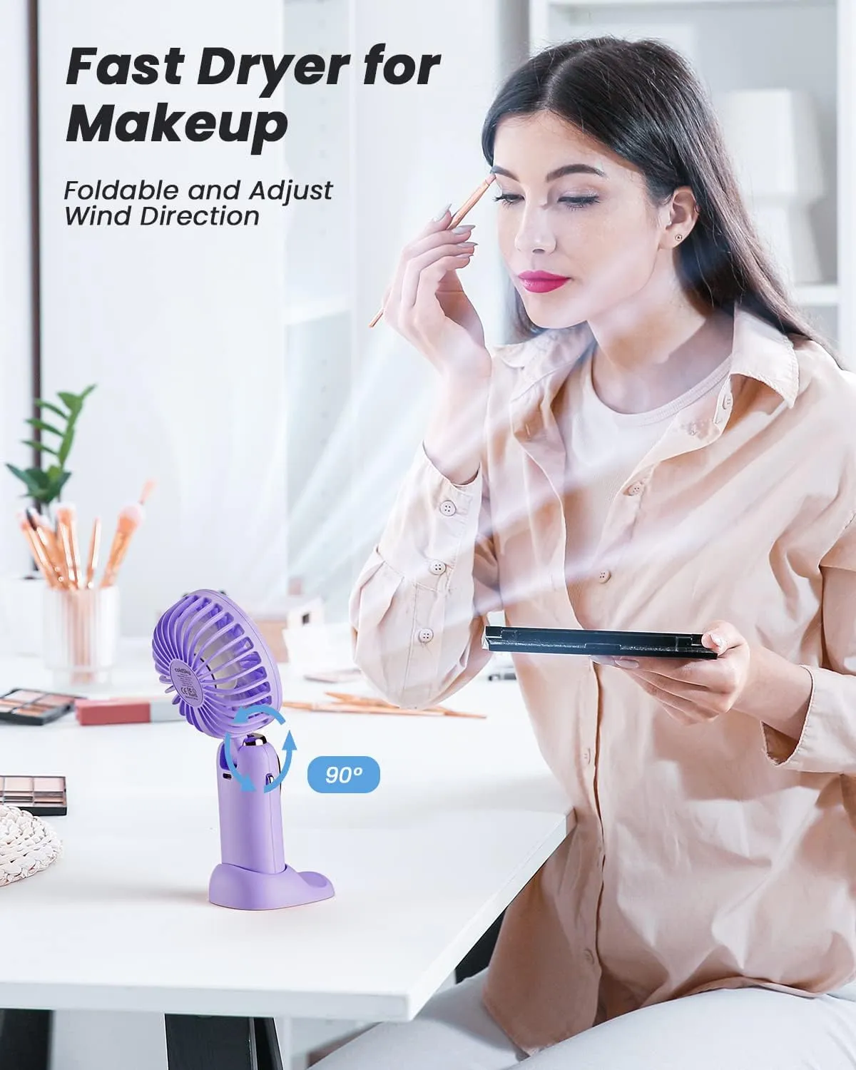 Portable Handheld Fan, 4000mAh Battery Operated 3 in 1 Multifunction Personal Travel Fans with Digital Display, 90 Foldable Desk Fan with Base, 5 Speed Lash Fan for Makeup/Commute/Office