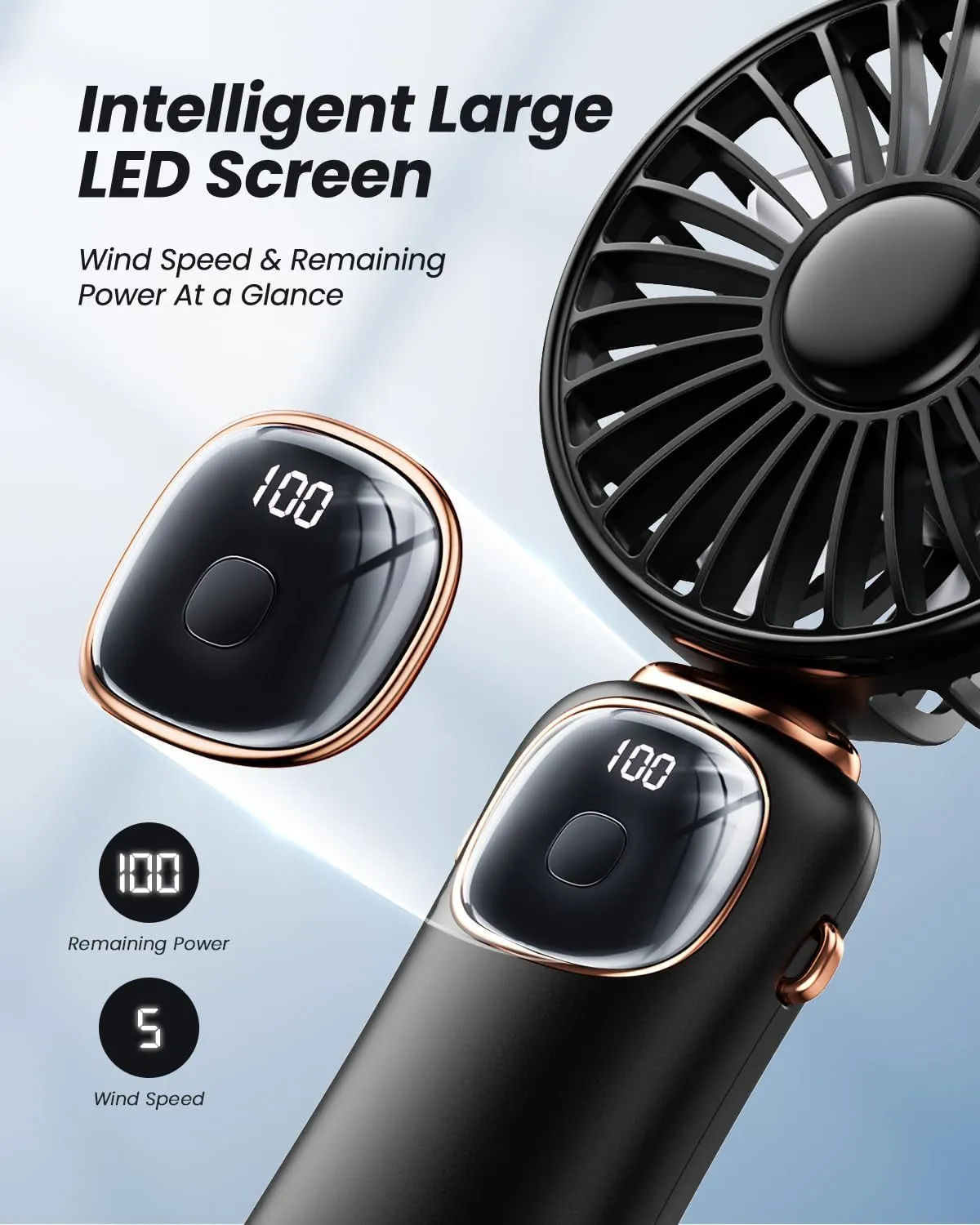 Portable Handheld Fan, 4000mAh Battery Operated 3 in 1 Multifunction Personal Travel Fans with Digital Display, 90 Foldable Desk Fan with Base, 5 Speed Lash Fan for Makeup/Office (Black)