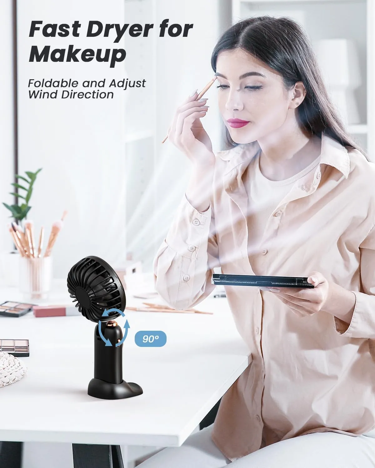 Portable Handheld Fan, 4000mAh Battery Operated 3 in 1 Multifunction Personal Travel Fans with Digital Display, 90 Foldable Desk Fan with Base, 5 Speed Lash Fan for Makeup/Office (Black)
