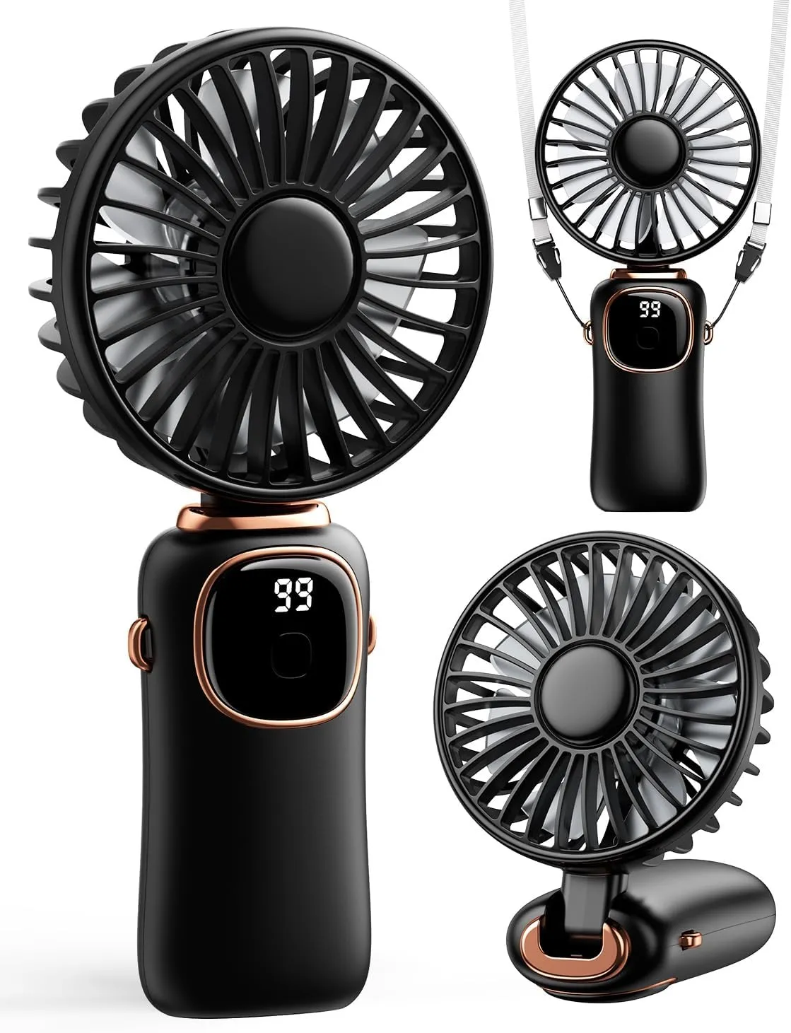 Portable Handheld Fan, 4000mAh Battery Operated 3 in 1 Multifunction Personal Travel Fans with Digital Display, 90 Foldable Desk Fan with Base, 5 Speed Lash Fan for Makeup/Office (Black) Neck fan for hands-free comfort