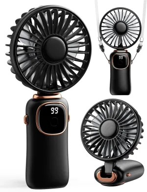 Portable Handheld Fan, 4000mAh Battery Operated 3 in 1 Multifunction Personal Travel Fans with Digital Display, 90 Foldable Desk Fan with Base, 5 Speed Lash Fan for Makeup/Office (Black) Neck fan for hands-free comfort