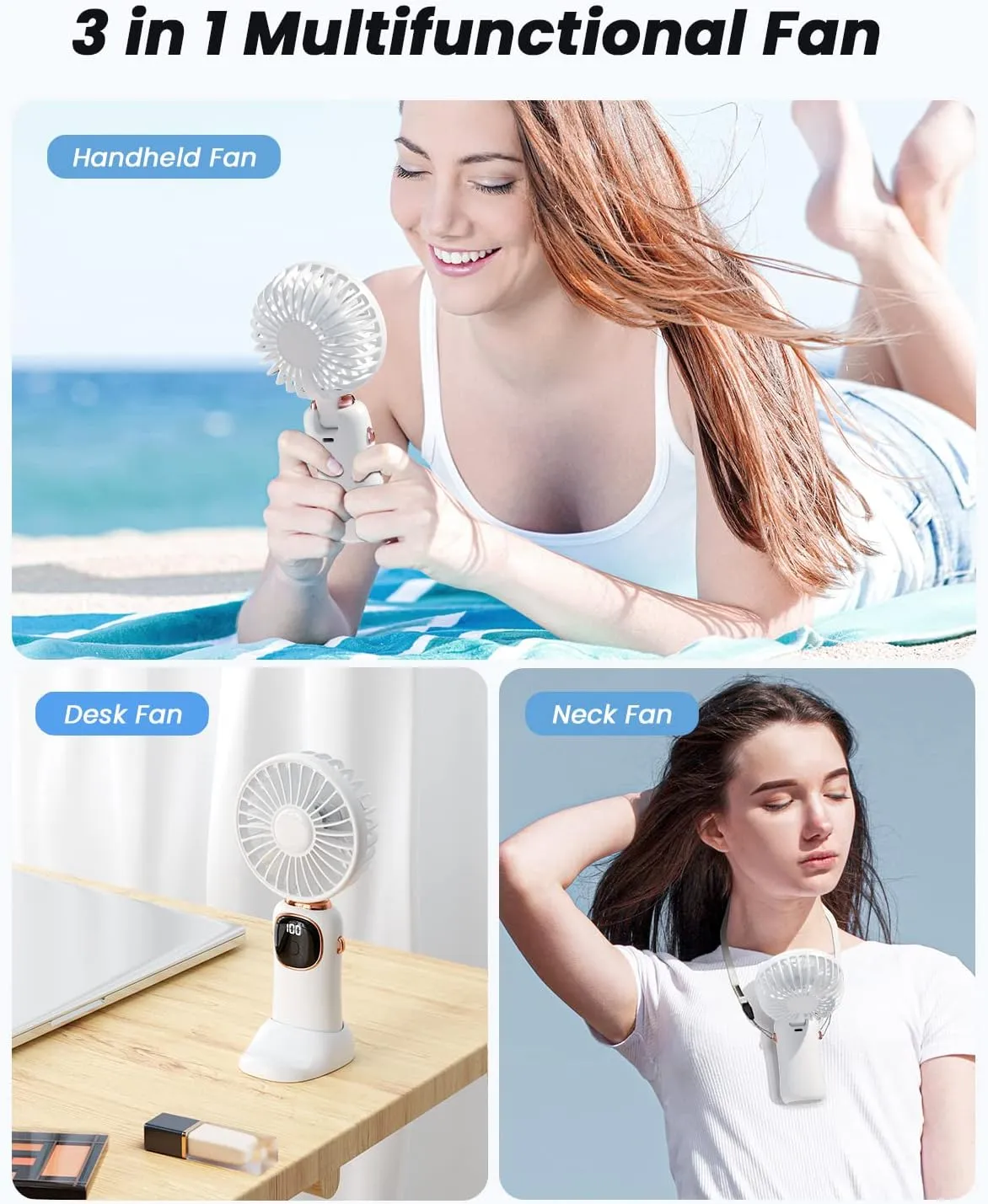 Portable Handheld Fan, 4000mAh Battery Operated 3 in 1 Multifunction Personal Travel Fans with Digital Display, 90 Foldable Desk Fans with Base, 5 Speed Lash Fan for Makeup/Office (White)