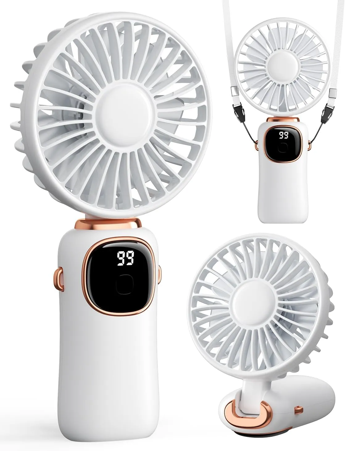 Portable Handheld Fan, 4000mAh Battery Operated 3 in 1 Multifunction Personal Travel Fans with Digital Display, 90 Foldable Desk Fans with Base, 5 Speed Lash Fan for Makeup/Office (White) Neck fan for hands-free comfort