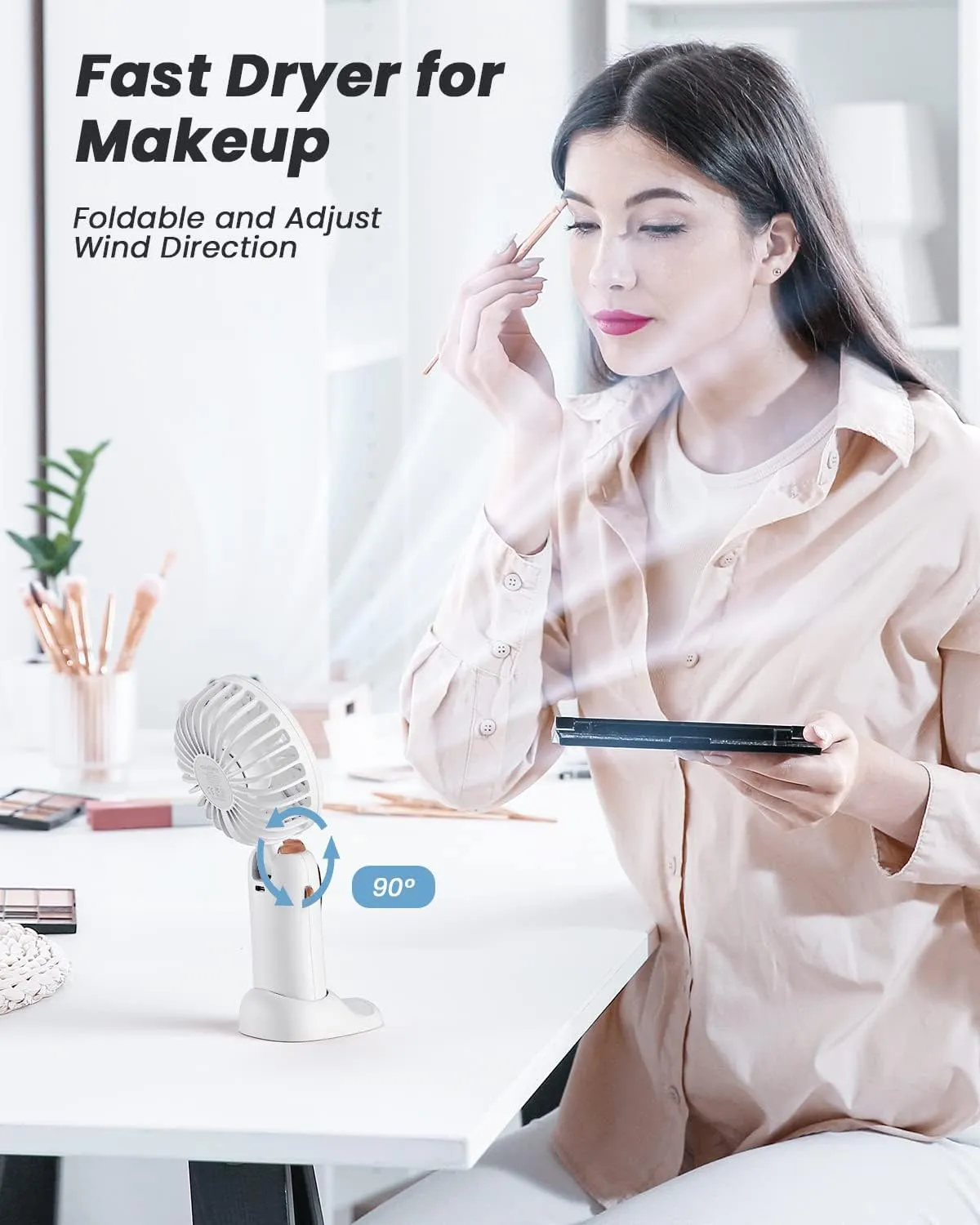 Portable Handheld Fan, 4000mAh Battery Operated 3 in 1 Multifunction Personal Travel Fans with Digital Display, 90 Foldable Desk Fans with Base, 5 Speed Lash Fan for Makeup/Office (White)