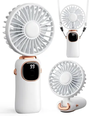 Portable Handheld Fan, 4000mAh Battery Operated 3 in 1 Multifunction Personal Travel Fans with Digital Display, 90 Foldable Desk Fans with Base, 5 Speed Lash Fan for Makeup/Office (White) Neck fan for hands-free comfort