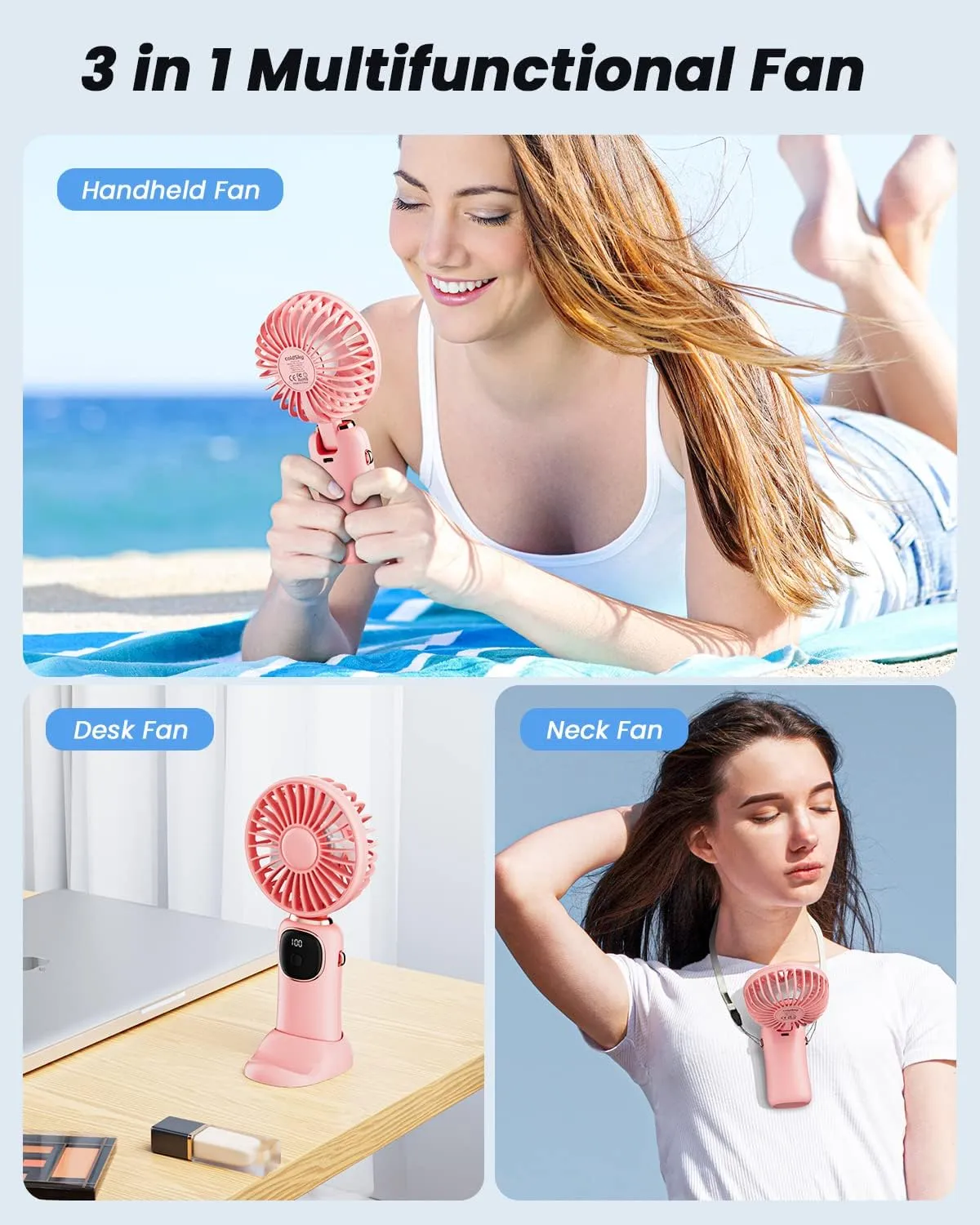 Portable Handheld Fan, 4000mAh Battery Operated Fan with LED Display, Handheld/Neck/Desk 3 in 1 Personal Small Fan, 90 Foldable Desk Fan with Base, 5 Speed Lash Fan Makeup Fan for Women