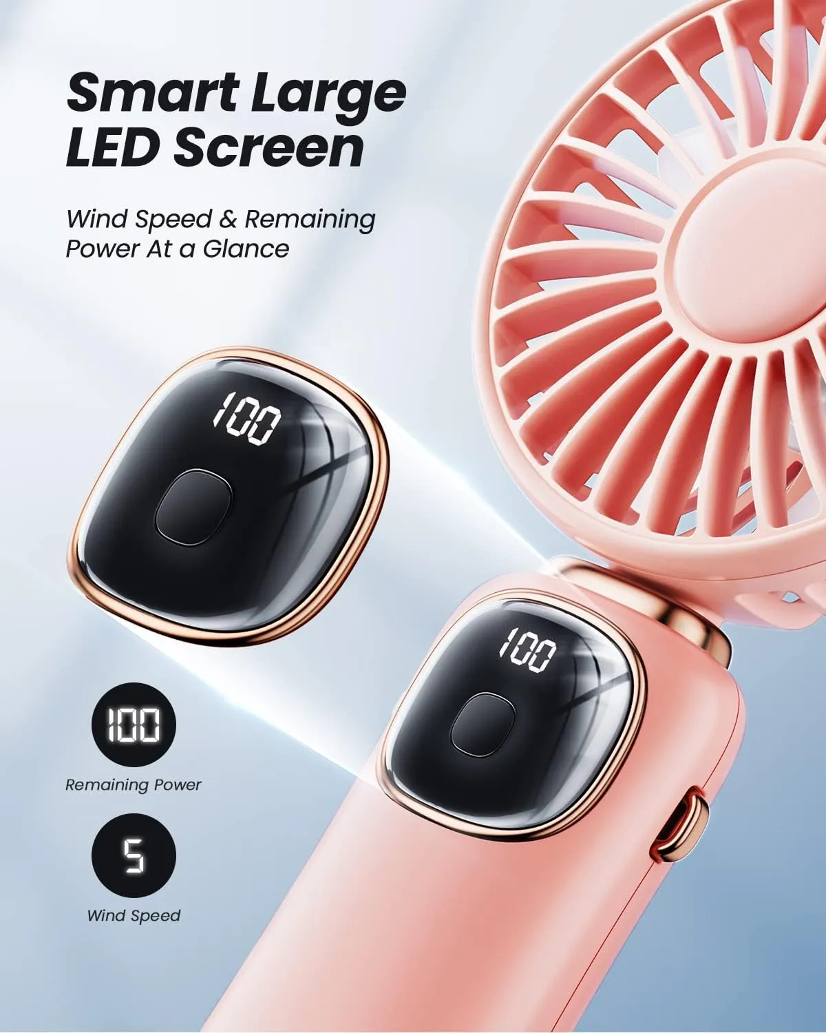 Portable Handheld Fan, 4000mAh Battery Operated Fan with LED Display, Handheld/Neck/Desk 3 in 1 Personal Small Fan, 90 Foldable Desk Fan with Base, 5 Speed Lash Fan Makeup Fan for Women