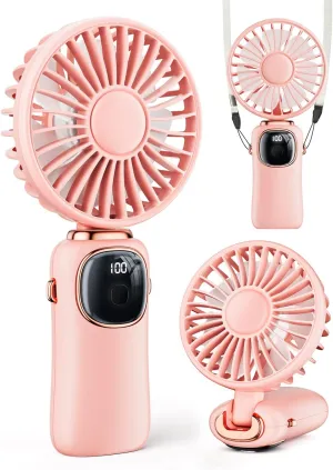 Portable Handheld Fan, 4000mAh Battery Operated Fan with LED Display, Handheld/Neck/Desk 3 in 1 Personal Small Fan, 90 Foldable Desk Fan with Base, 5 Speed Lash Fan Makeup Fan for Women Neck fan for hands-free comfort