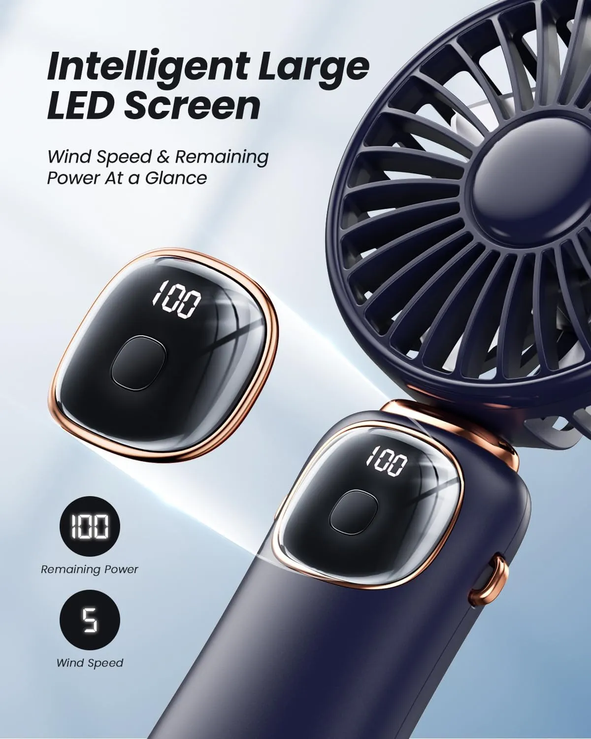 Portable Handheld Fan, 4000mAh Battery Operated Fan with LED Display, Handheld/Neck/Desk 3 in 1 Personal Small Fans, 90 Foldable Desk Fan with Base, 5 Speed Makeup Lash Fan for Women Blue