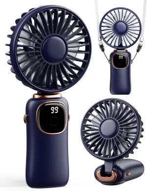 Portable Handheld Fan, 4000mAh Battery Operated Fan with LED Display, Handheld/Neck/Desk 3 in 1 Personal Small Fans, 90 Foldable Desk Fan with Base, 5 Speed Makeup Lash Fan for Women Blue Neck fan for hands-free comfort