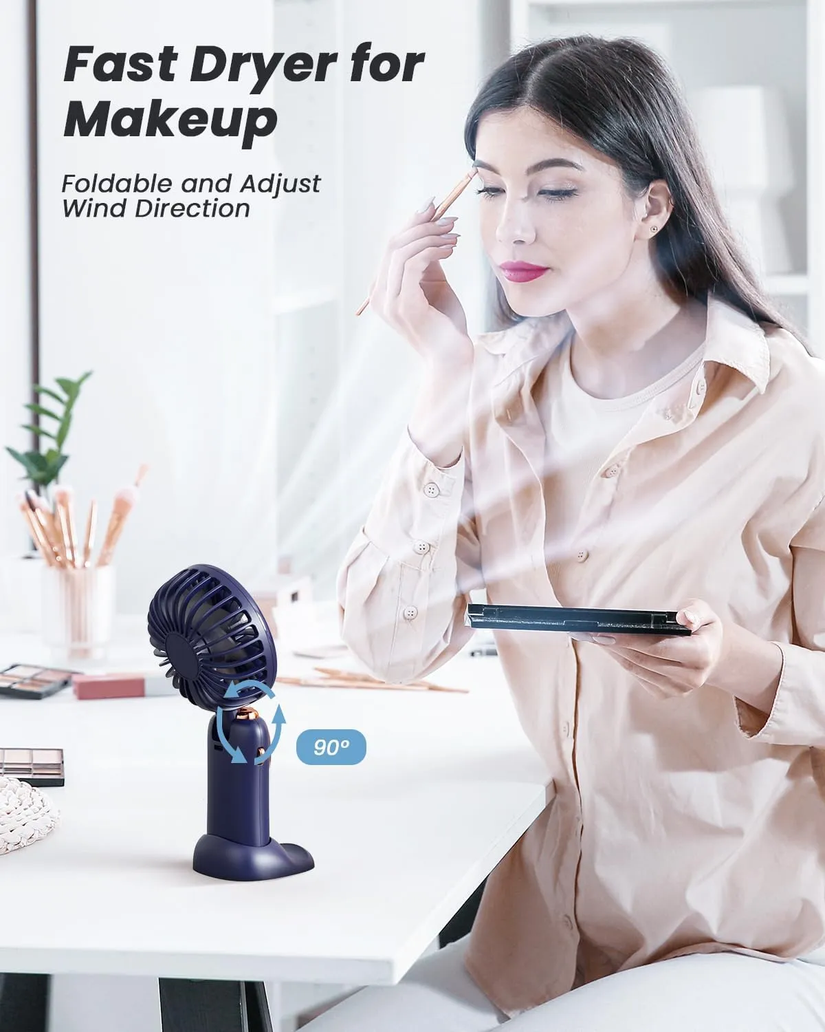 Portable Handheld Fan, 4000mAh Battery Operated Fan with LED Display, Handheld/Neck/Desk 3 in 1 Personal Small Fans, 90 Foldable Desk Fan with Base, 5 Speed Makeup Lash Fan for Women Blue