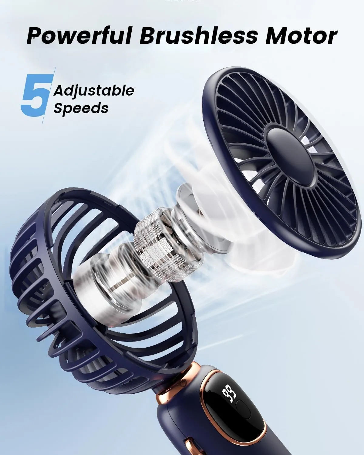 Portable Handheld Fan, 4000mAh Battery Operated Fan with LED Display, Handheld/Neck/Desk 3 in 1 Personal Small Fans, 90 Foldable Desk Fan with Base, 5 Speed Makeup Lash Fan for Women Blue