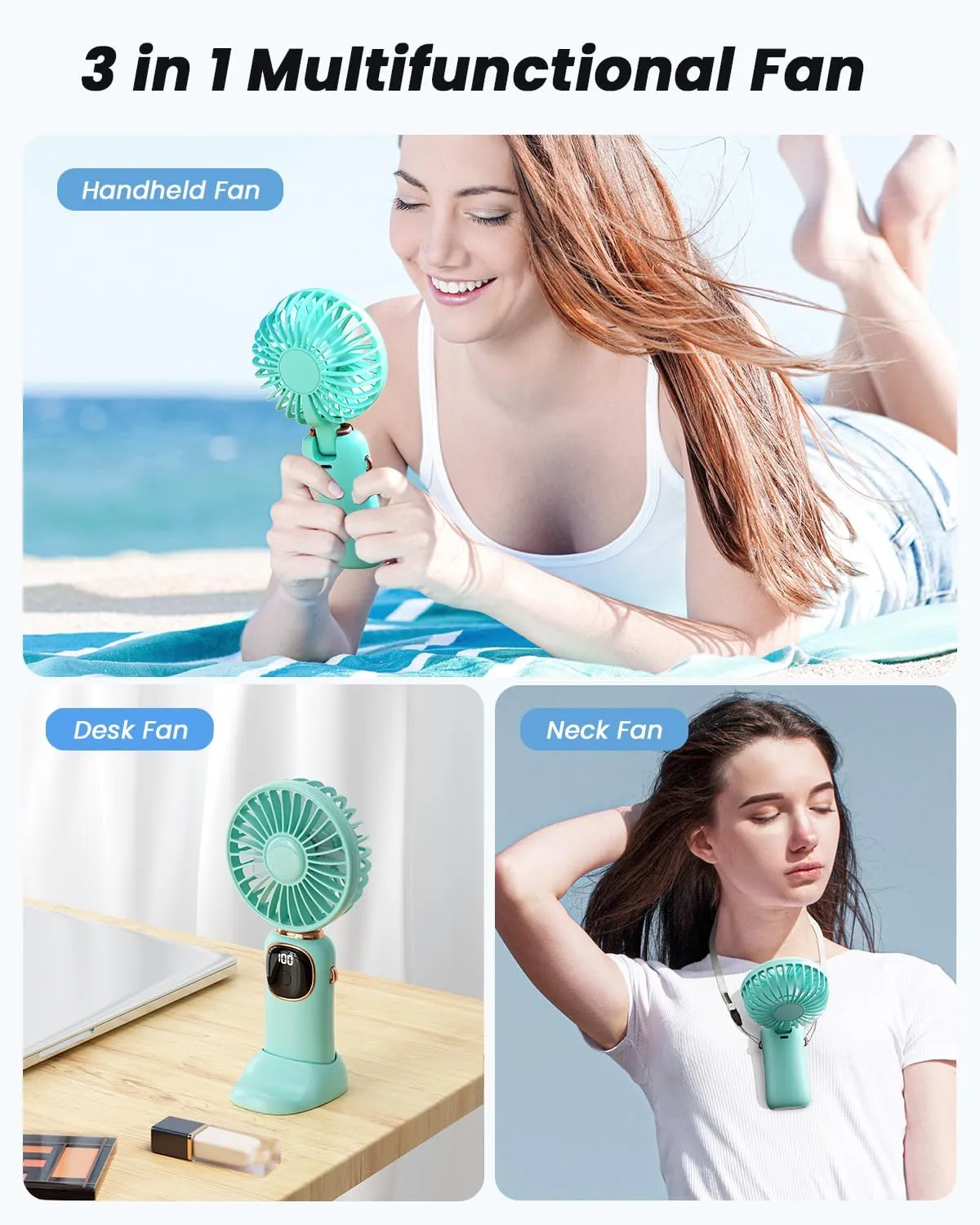 Portable Handheld Fan, 4000mAh Battery Operated Fan with LED Display, Handheld/Neck/Desk 3 in 1 Personal Small Fans, 90 Foldable Desk Fan with Base, 5 Speed Makeup Lash Fan for Women Green
