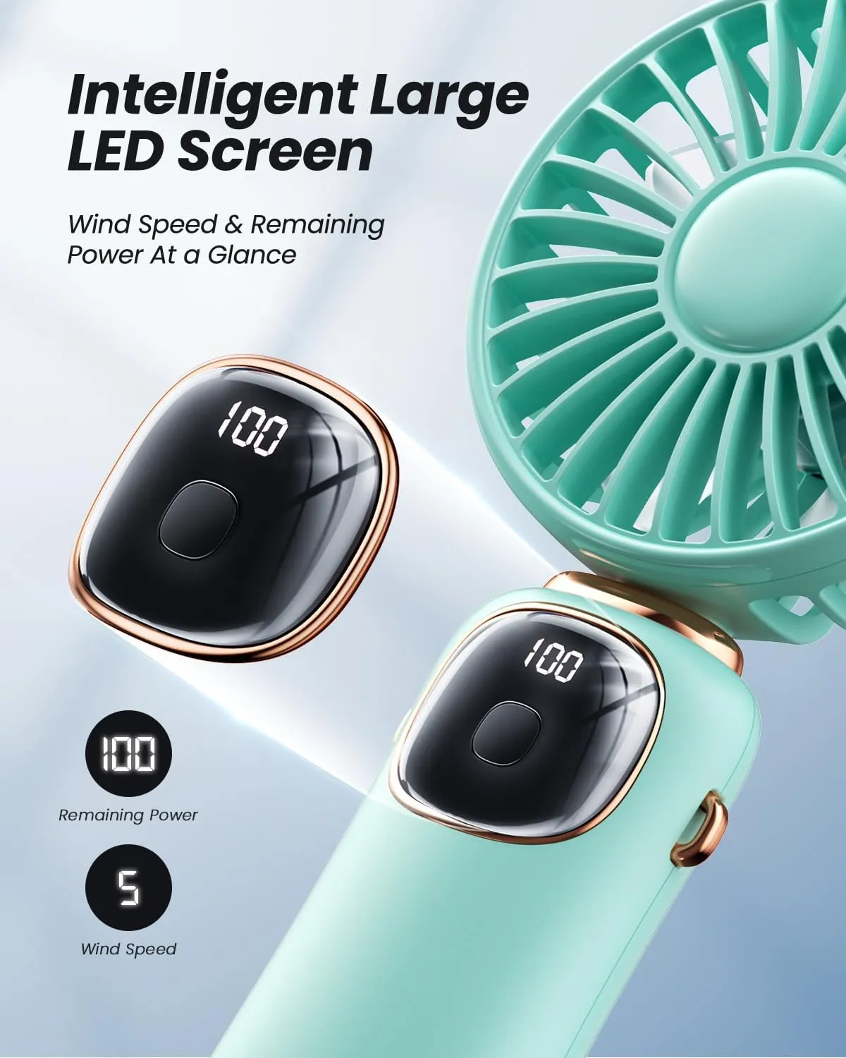 Portable Handheld Fan, 4000mAh Battery Operated Fan with LED Display, Handheld/Neck/Desk 3 in 1 Personal Small Fans, 90 Foldable Desk Fan with Base, 5 Speed Makeup Lash Fan for Women Green