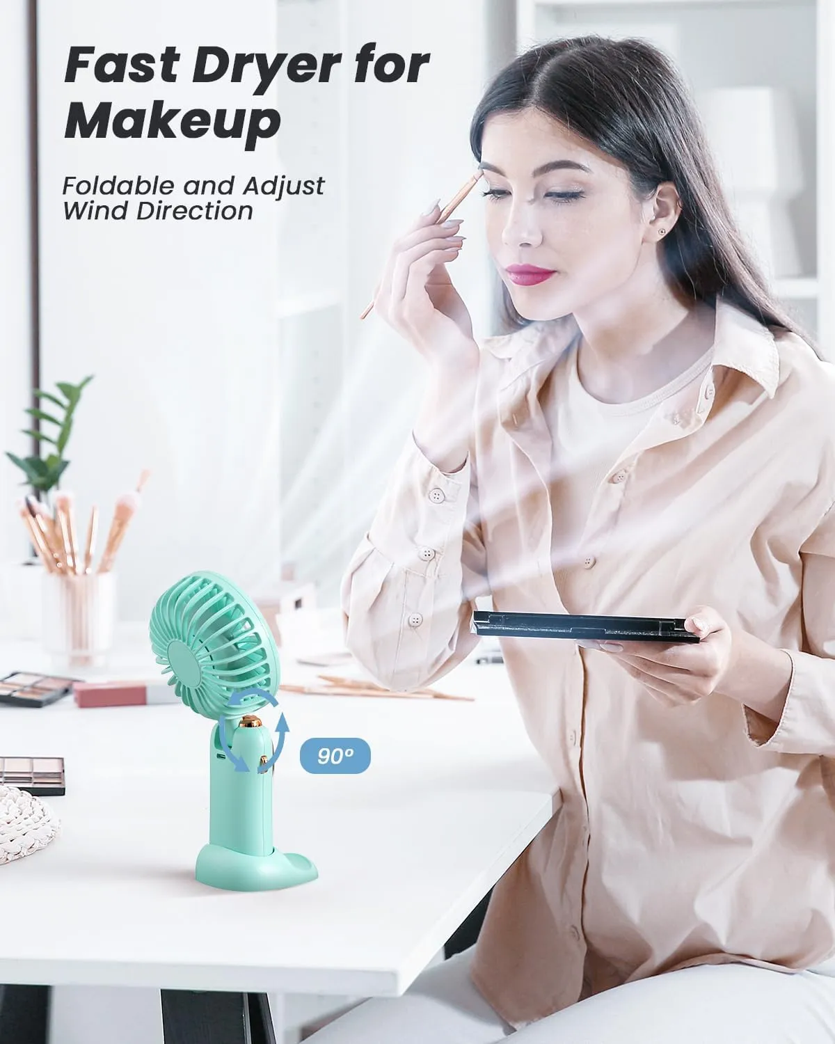 Portable Handheld Fan, 4000mAh Battery Operated Fan with LED Display, Handheld/Neck/Desk 3 in 1 Personal Small Fans, 90 Foldable Desk Fan with Base, 5 Speed Makeup Lash Fan for Women Green
