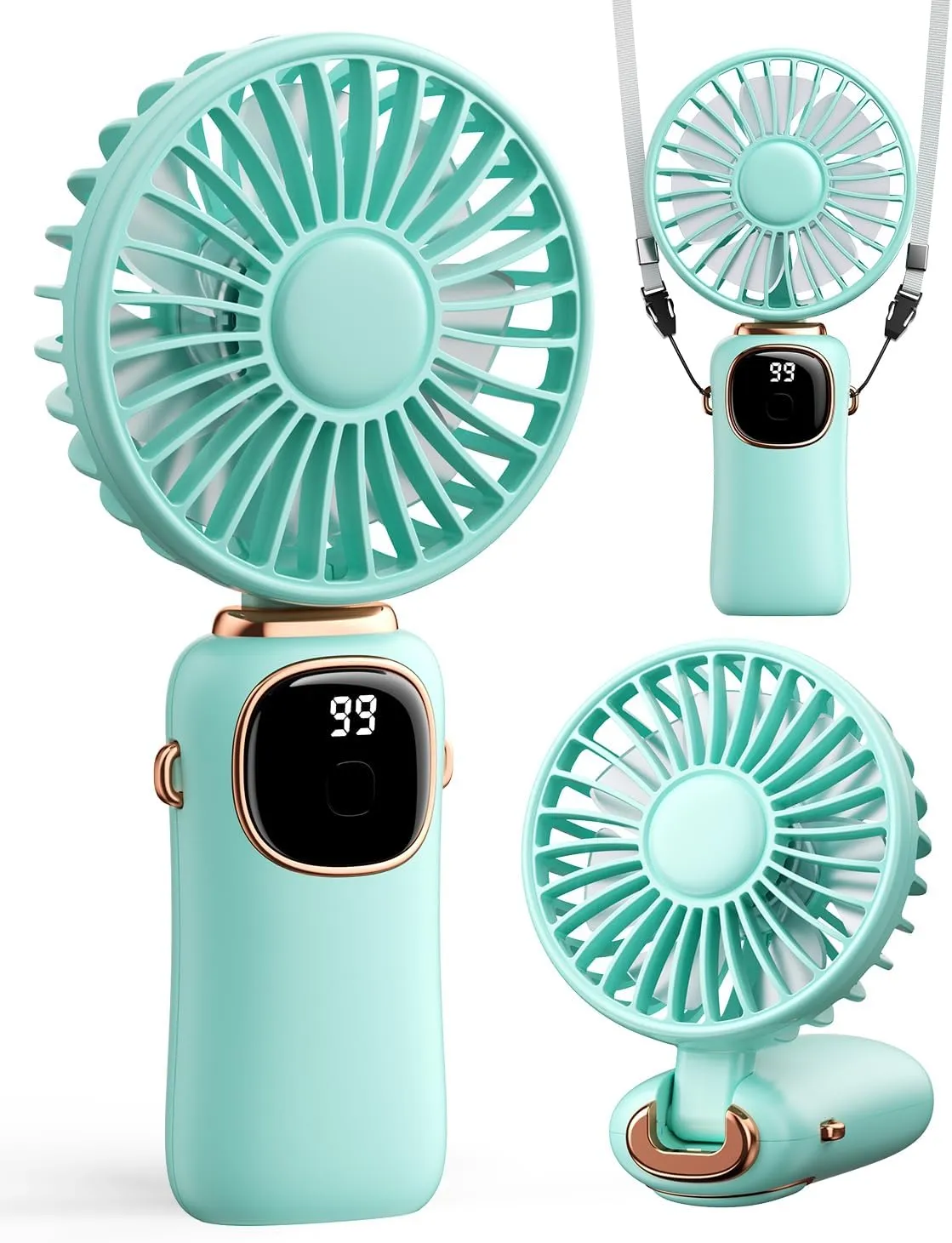 Portable Handheld Fan, 4000mAh Battery Operated Fan with LED Display, Handheld/Neck/Desk 3 in 1 Personal Small Fans, 90 Foldable Desk Fan with Base, 5 Speed Makeup Lash Fan for Women Green Neck fan for hands-free comfort