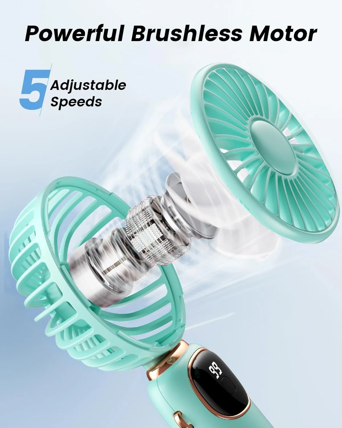 Portable Handheld Fan, 4000mAh Battery Operated Fan with LED Display, Handheld/Neck/Desk 3 in 1 Personal Small Fans, 90 Foldable Desk Fan with Base, 5 Speed Makeup Lash Fan for Women Green