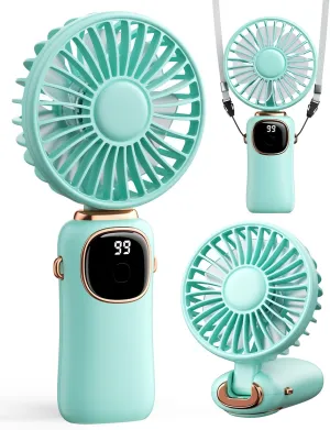 Portable Handheld Fan, 4000mAh Battery Operated Fan with LED Display, Handheld/Neck/Desk 3 in 1 Personal Small Fans, 90 Foldable Desk Fan with Base, 5 Speed Makeup Lash Fan for Women Green Neck fan for hands-free comfort