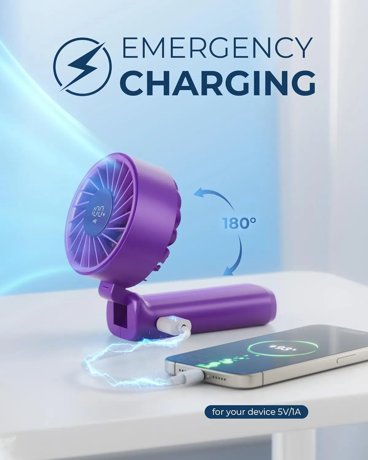 Portable Handheld Fan, 4000mAh, USB Rechargeable 180 Foldable Mini Desk Fan, 6 Wind Speed, LCD Digital Display, Lanyard as Neck Fan, Ultra Quiet, Pocket Size for Indoor Outdoor