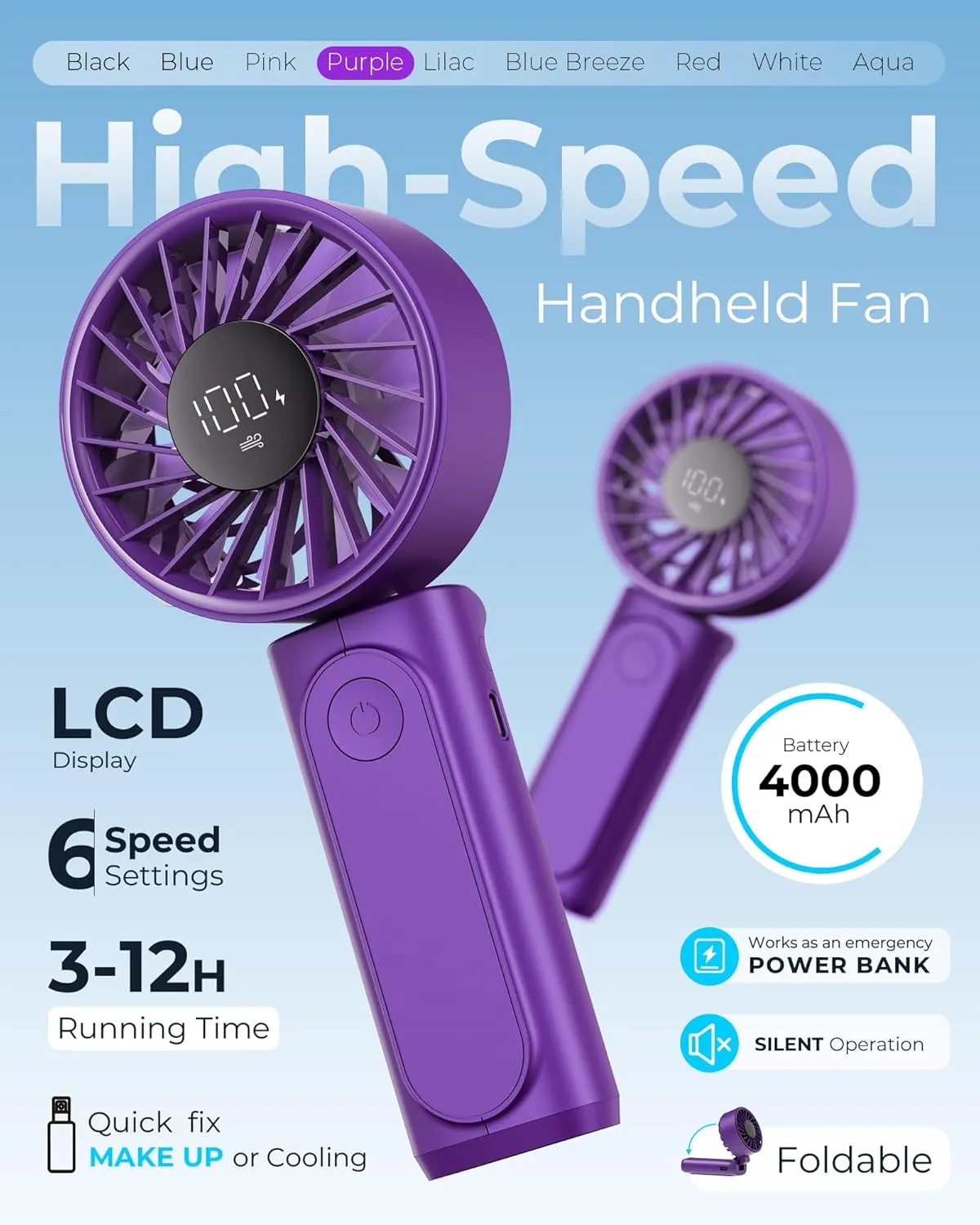 Portable Handheld Fan, 4000mAh, USB Rechargeable 180 Foldable Mini Desk Fan, 6 Wind Speed, LCD Digital Display, Lanyard as Neck Fan, Ultra Quiet, Pocket Size for Indoor Outdoor
