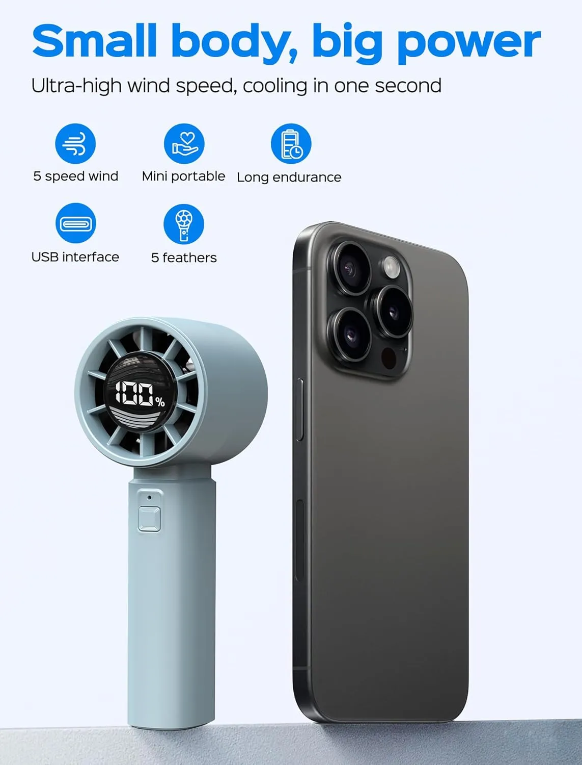 Portable Handheld Fan - High Speed Cooling, USB Rechargeable Mini Fan with 4000mAh Battery 12 Hours Battery Life for Beach Travel Vacation. (Blue)