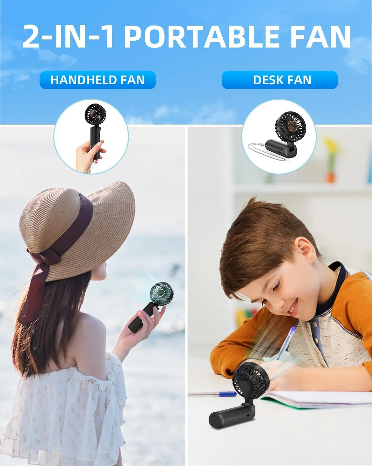 Portable Handheld Fan, Mini Desk Fan Foldable 2000mAh, 180 Ratotion, 3 Speeds, Ultra Quite, Up to 8H Long Use Time, Small Personal Cooling Fans Makeup Lash Fan for Women Girls