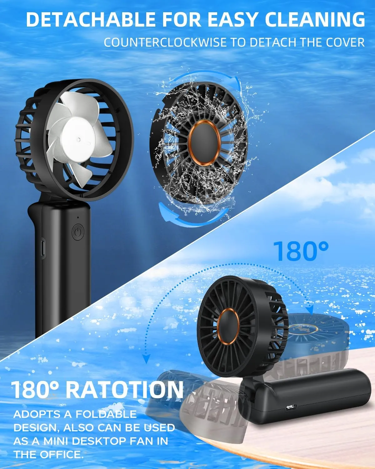 Portable Handheld Fan, Mini Desk Fan Foldable 2000mAh, 180 Ratotion, 3 Speeds, Ultra Quite, Up to 8H Long Use Time, Small Personal Cooling Fans Makeup Lash Fan for Women Girls
