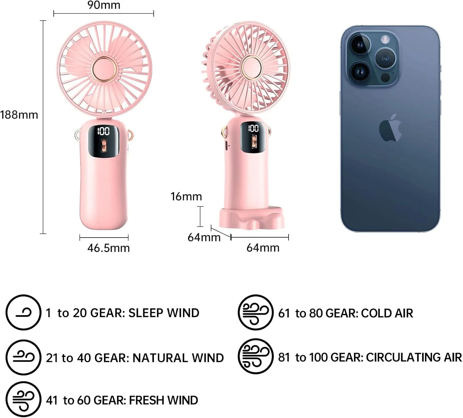 Portable Handheld Fan, Mini Handheld USB Rechargeable, 1-100 speeds free adjustment of wind speed with LED Display Lanyard and Base, for Bedroom Office Outdoor Home Camping School (Pink)