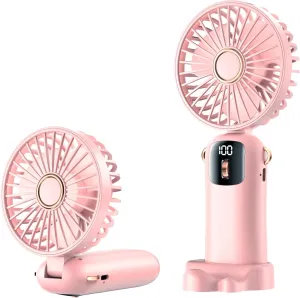 Portable Handheld Fan, Mini Handheld USB Rechargeable, 1-100 speeds free adjustment of wind speed with LED Display Lanyard and Base, for Bedroom Office Outdoor Home Camping School (Pink) Mini handheld fan for personal cooling