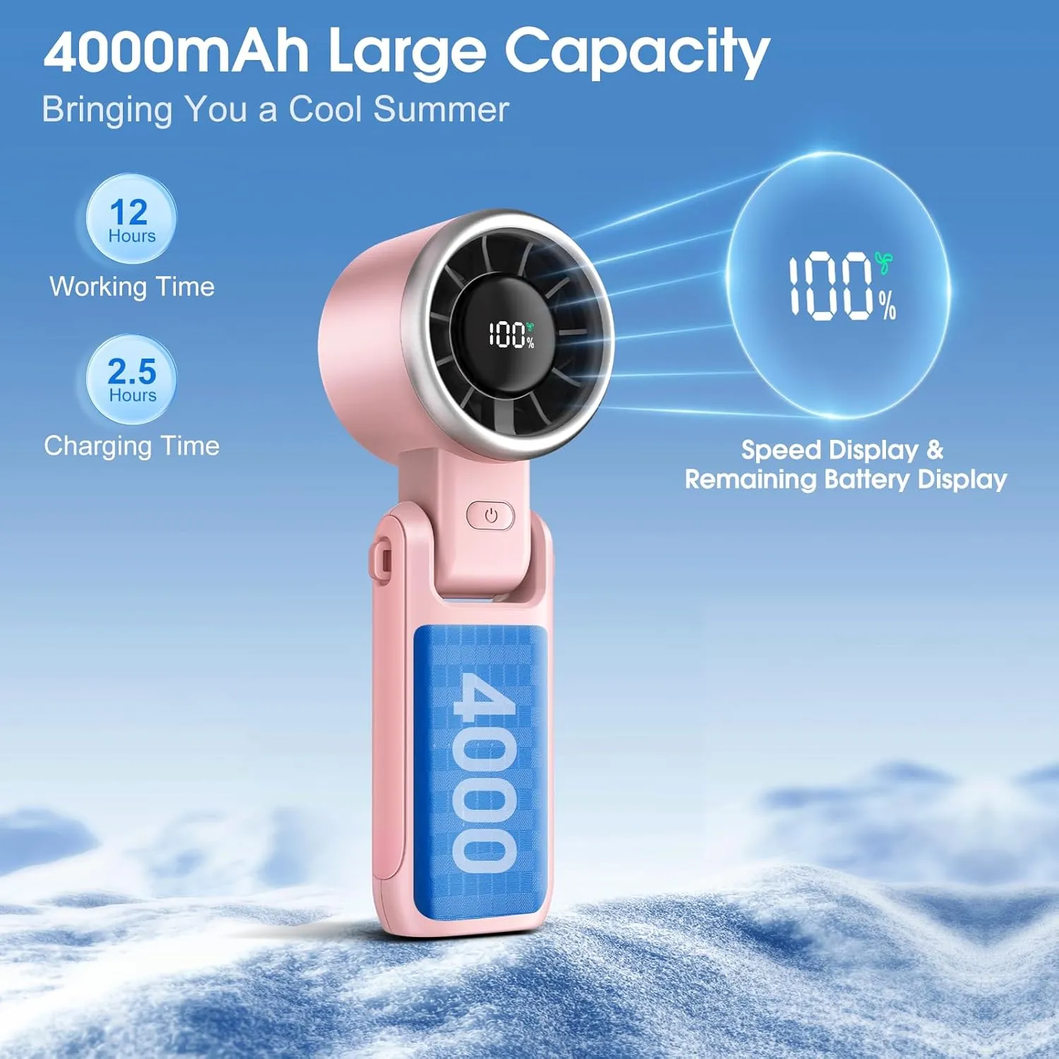 Portable Handheld Fan: Personal Fans with Air Turbo Tech, 5 Speeds Led Display, USB Rechargeable Battery Powered, 12 Hours Max, Mini Fan for Makeup, Concerts, Beaches, Travel (Pink)