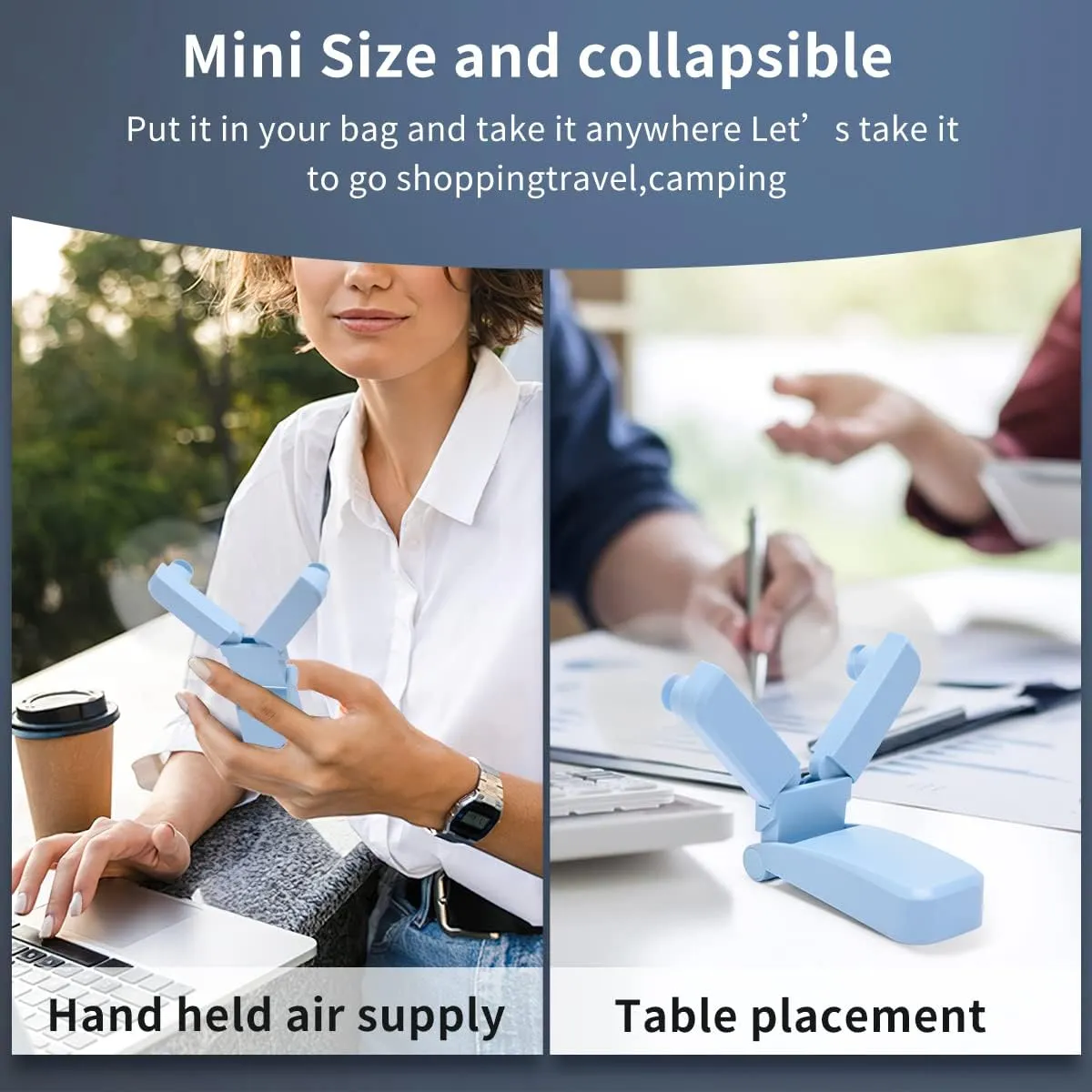 Portable Handheld Fan, Personal Mini Pocket Hand Held Fan USB Rechargeable for Woman Girls Outdoor Travel, Dual Head with 2 Speed Strong Wind (Blue)