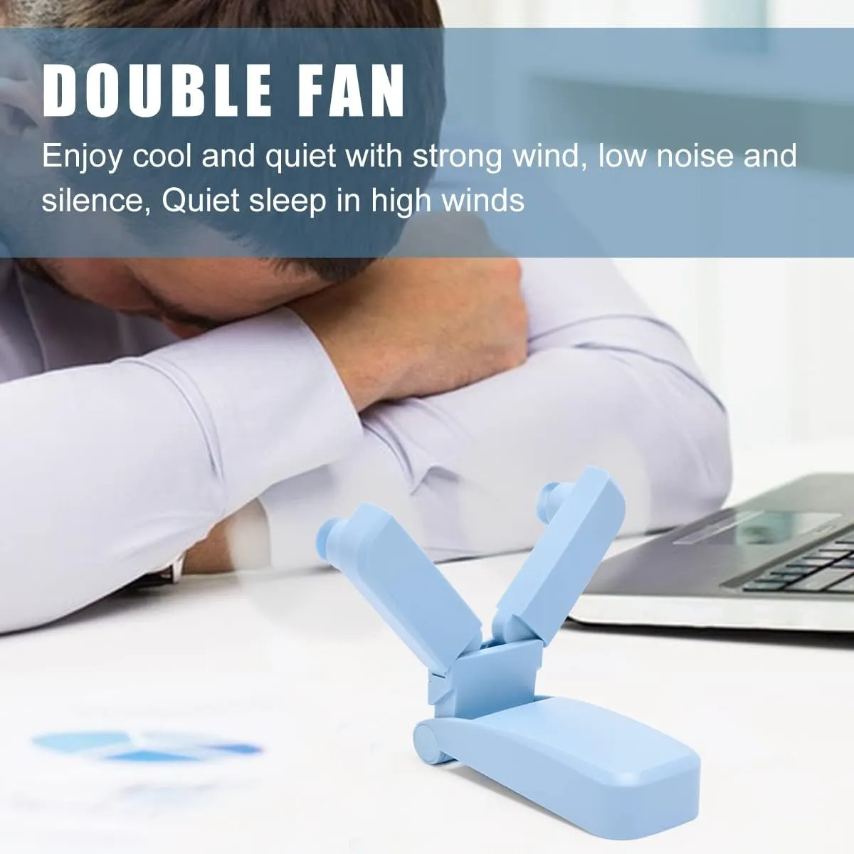 Portable Handheld Fan, Personal Mini Pocket Hand Held Fan USB Rechargeable for Woman Girls Outdoor Travel, Dual Head with 2 Speed Strong Wind (Blue)