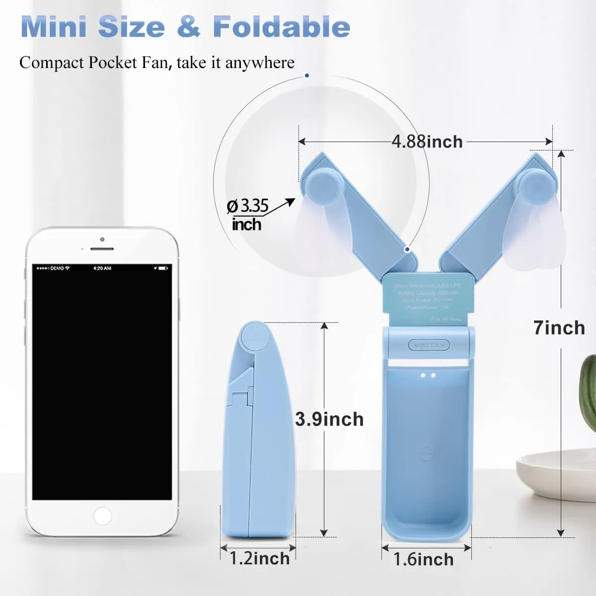 Portable Handheld Fan, Personal Mini Pocket Hand Held Fan USB Rechargeable for Woman Girls Outdoor Travel, Dual Head with 2 Speed Strong Wind (Blue)