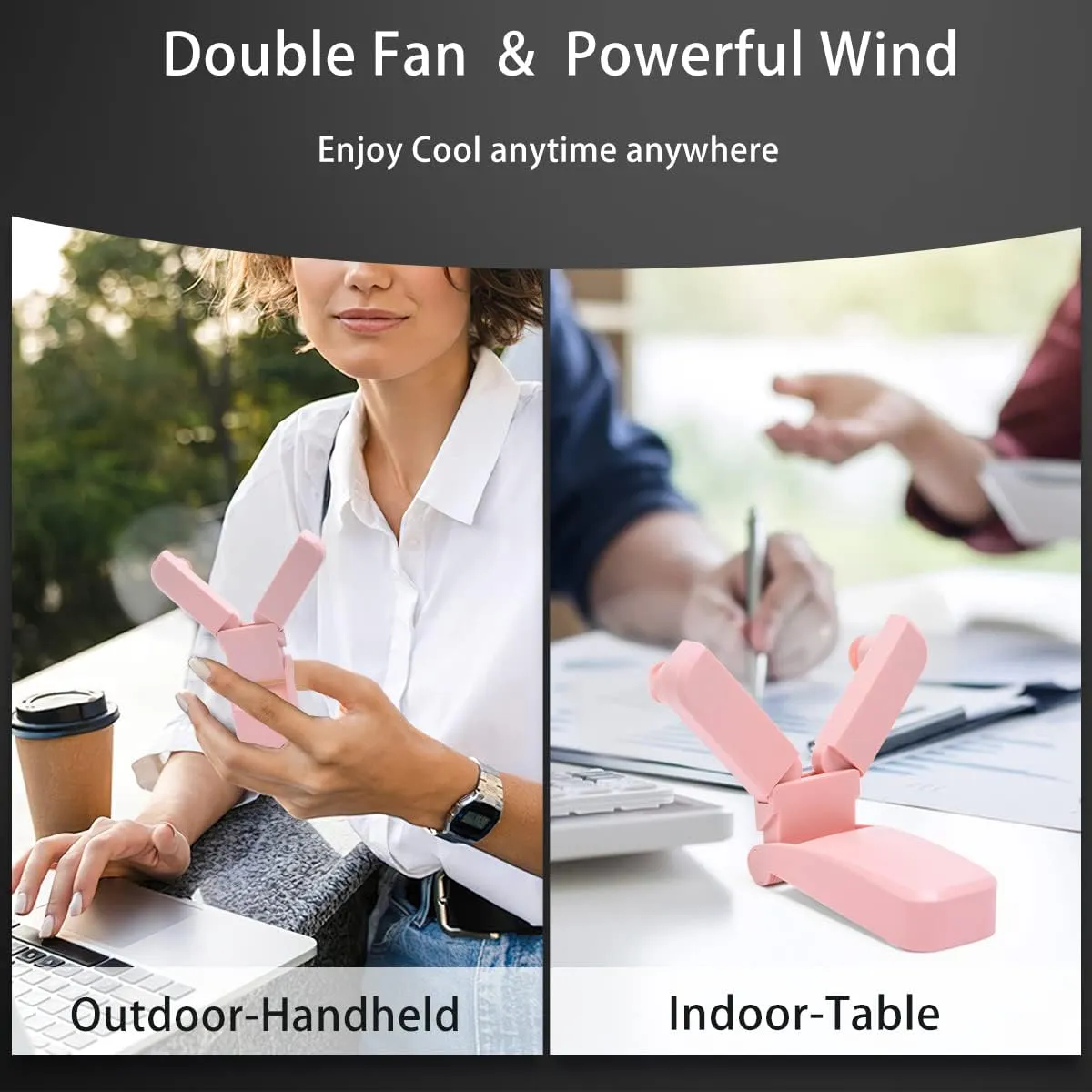 Portable Handheld Fan, Personal Mini Pocket Hand Held Fan USB Rechargeable for Woman Girls Outdoor Travel, Dual Head with 2 Speed Strong Wind (Pink)