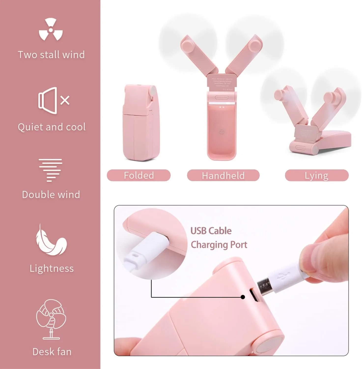 Portable Handheld Fan, Personal Mini Pocket Hand Held Fan USB Rechargeable for Woman Girls Outdoor Travel, Dual Head with 2 Speed Strong Wind (Pink)