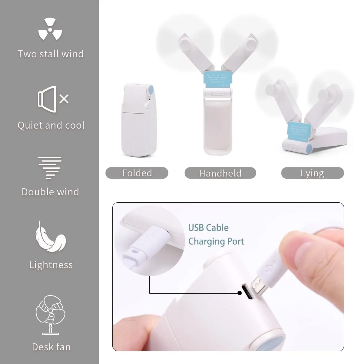 Portable Handheld Fan, Personal Mini Pocket Hand Held Fan USB Rechargeable for Woman Girls Outdoor Travel, Dual Head with 2 Speed Strong Wind (White)