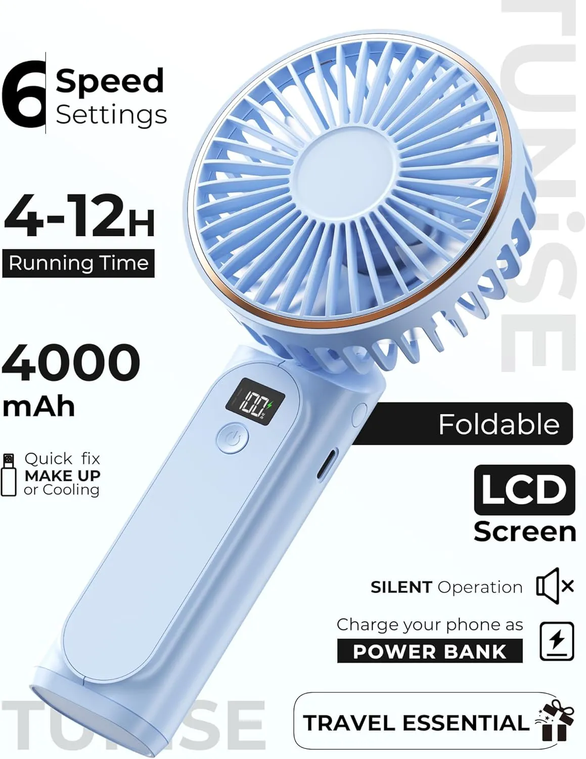 Portable Handheld Fan, Portable Fan Rechargeable, 4000mAh, 180 Adjustable, 6 Speed Wind, Display Electricity in Real Time, USB Rechargeable Foldable Fan, Quiet Personal Fan as Power Bank