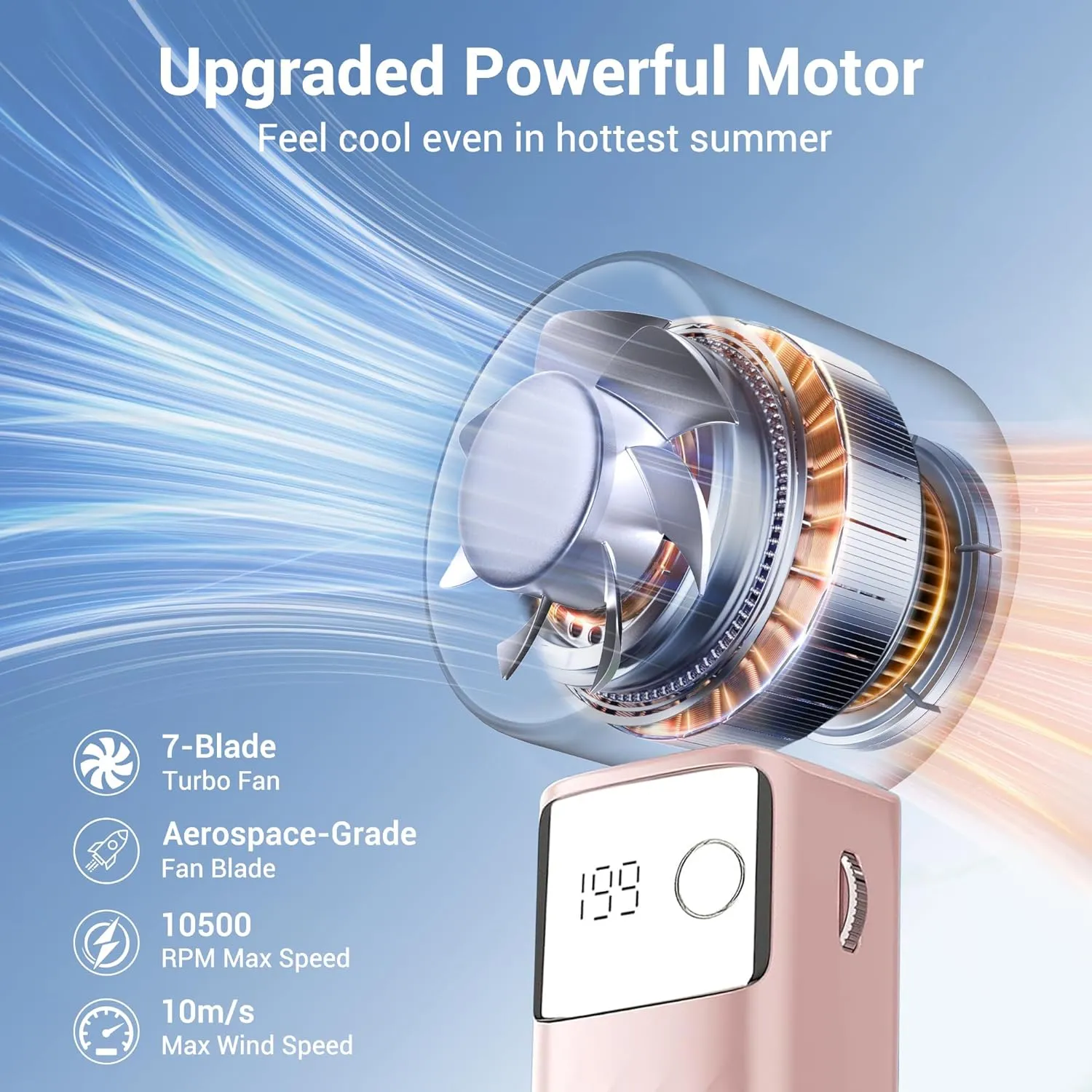 Portable Handheld Fan, Powerful Turbo Mini Personal Fan with 199 Speeds, 20hrs Run Time, Foldable & USB Rechargeable with LED Display, Gift for Women & Men, For Travel, Working, Outdoor (Nude Pink)