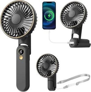 Portable Handheld Fan, [Up to 15 Working Hours] 180 Foldable Personal Fans, USB Rechargeable Mini Hand Fan for Travel/Summer/Outdoor/Office, 5 Speeds Adjustable, LED Display,Black Mini handheld fan for personal cooling