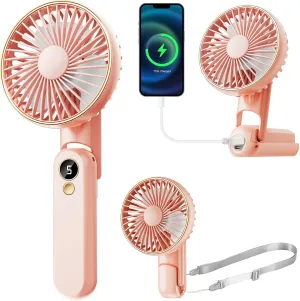 Portable Handheld Fan, [Up to 15 Working Hours],180 Foldable Personal Fan, USB Rechargeable Mini Hand Fans for Travel/Summer/Outdoor/Office, 5 Speeds Adjustable, LED Display, Pink Mini handheld fan for personal cooling