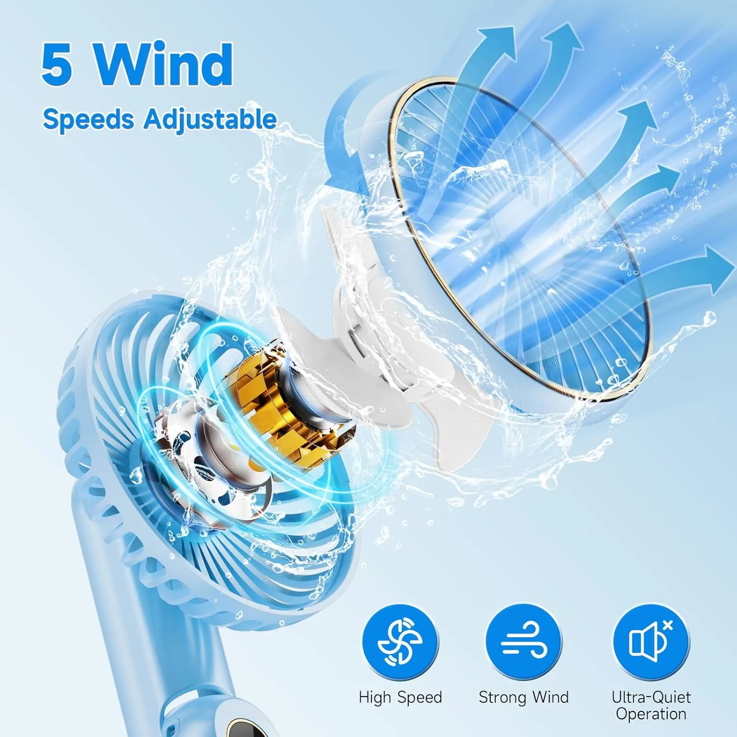 Portable Handheld Fan, [Up to 15 Working Hours],180 Foldable Personal Fan, USB Rechargeable Mini Hand Fans for Travel/Summer/Outdoor/Office, 5 Speeds Adjustable, LED Display,Blue