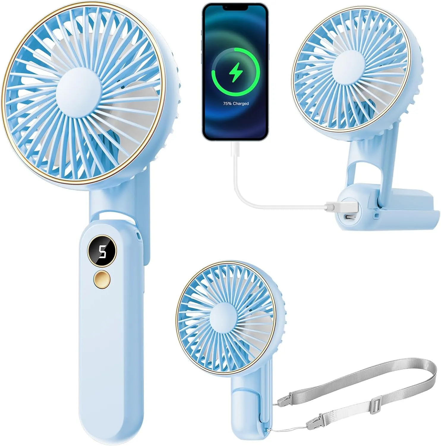 Portable Handheld Fan, [Up to 15 Working Hours],180 Foldable Personal Fan, USB Rechargeable Mini Hand Fans for Travel/Summer/Outdoor/Office, 5 Speeds Adjustable, LED Display,Blue Mini handheld fan for personal cooling