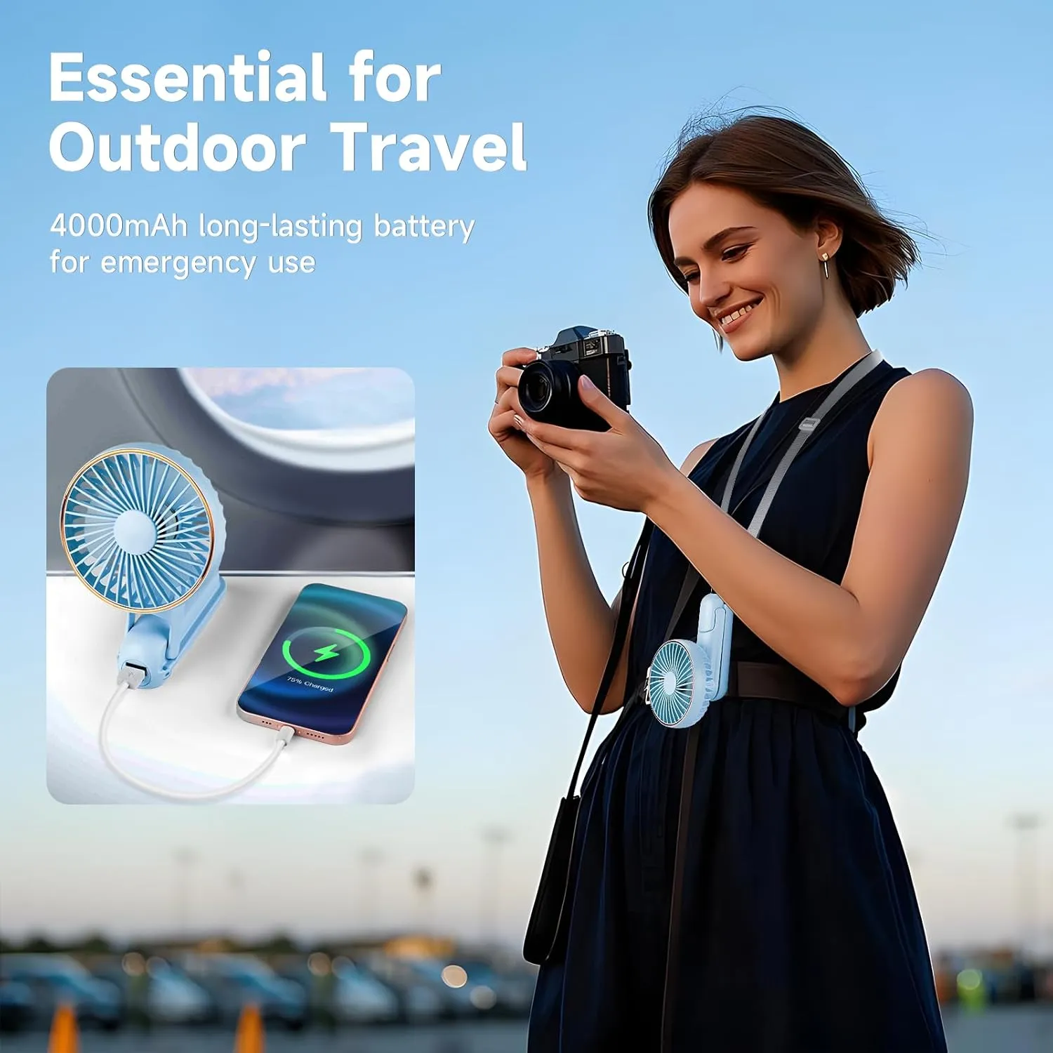 Portable Handheld Fan, [Up to 15 Working Hours],180 Foldable Personal Fan, USB Rechargeable Mini Hand Fans for Travel/Summer/Outdoor/Office, 5 Speeds Adjustable, LED Display,Blue