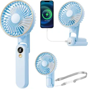 Portable Handheld Fan, [Up to 15 Working Hours],180 Foldable Personal Fan, USB Rechargeable Mini Hand Fans for Travel/Summer/Outdoor/Office, 5 Speeds Adjustable, LED Display,Blue Mini handheld fan for personal cooling