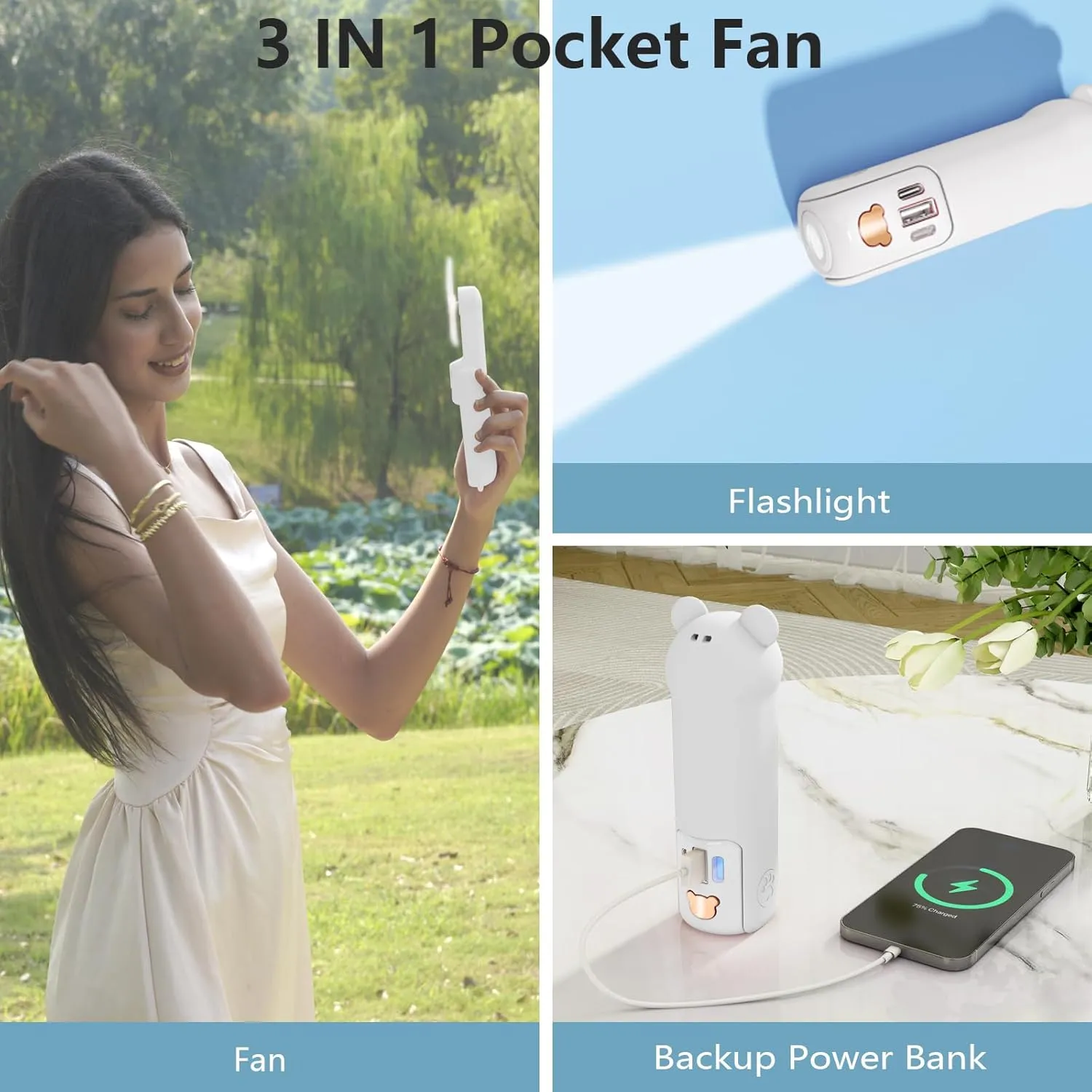 Portable Handheld Fan, USB Rechargeable Mini Hand Held Travel Fans, Folding Pocket with 3 Speeds, 17 Working Hours, Small Personal Fan With Flashlight for Home Travel Outdoor Use(white)